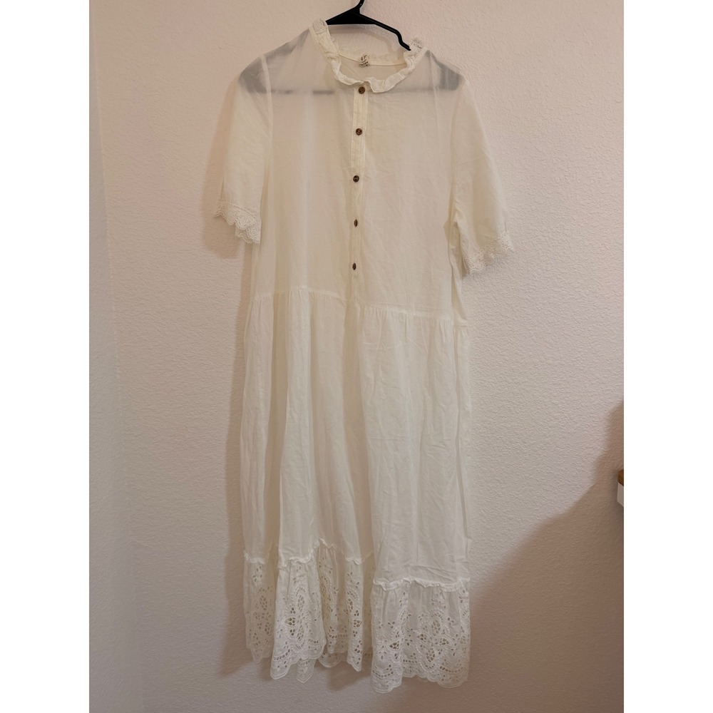Vanilla Latte White Cotton Eyelet Lace Midi Dress Cottagecore Ruffle Prairie